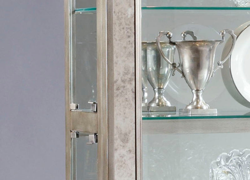 PFC Curios - Antique Style 5 Shelf Mirrored Curio Cabinet - Aged Silver